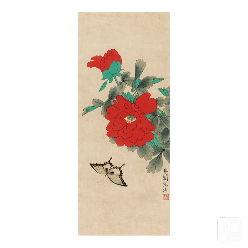 于非闇（1889-1959）紅花與蝴蝶 設色紙本 鏡框 | YU FEI'AN (1889-1959)